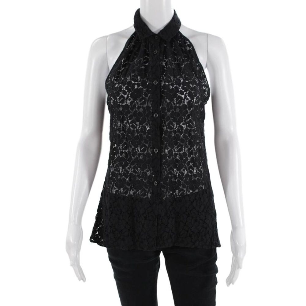 Sharis Women Black Floral Collared Sleeveless Button-Up Blouse Size 42